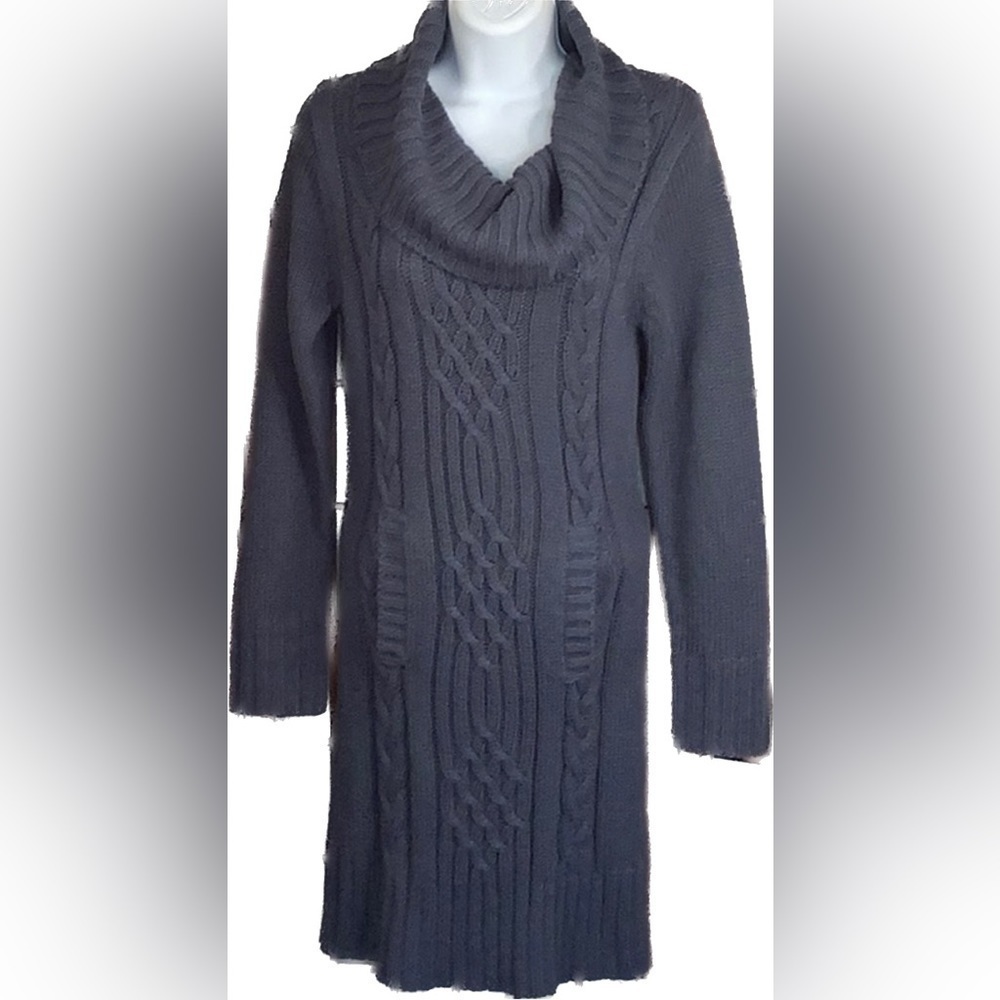 Derek Heart L Sweater Dress Cable Knit Cowl Neck Kangaroo Pocket Trendy Chic